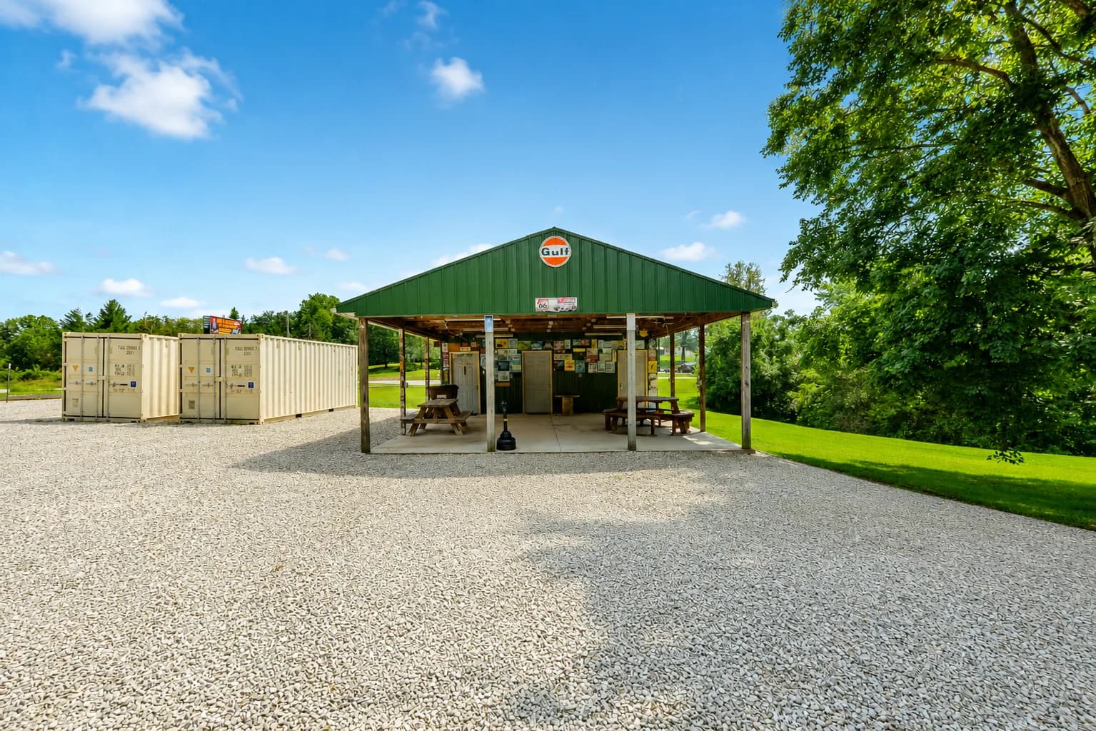 Covered outdoor pavilion with picnic tables